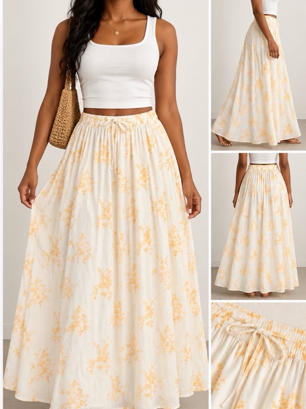 Universal Thread Cream A-Line Midi Skirt with Peach Floral Print